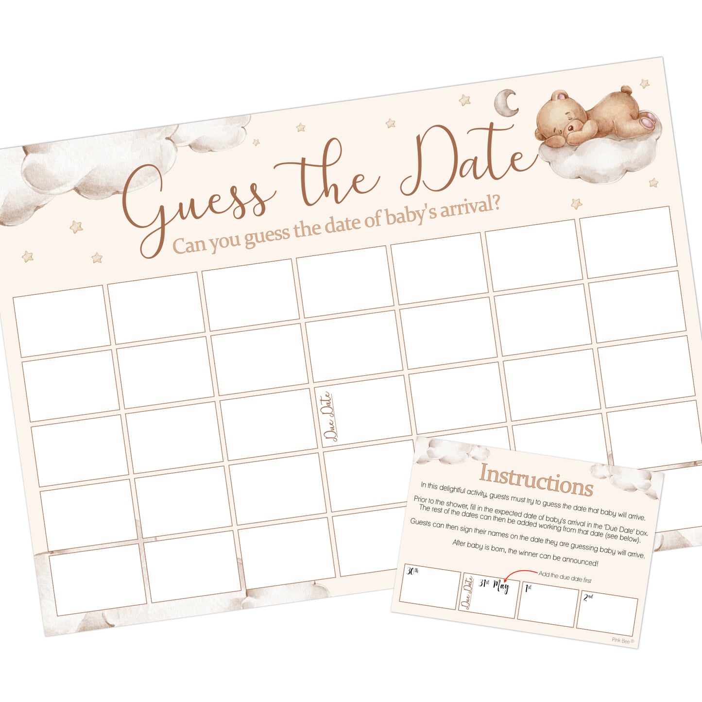 NEW - Teddy Theme Guess the Date Baby Shower Activity