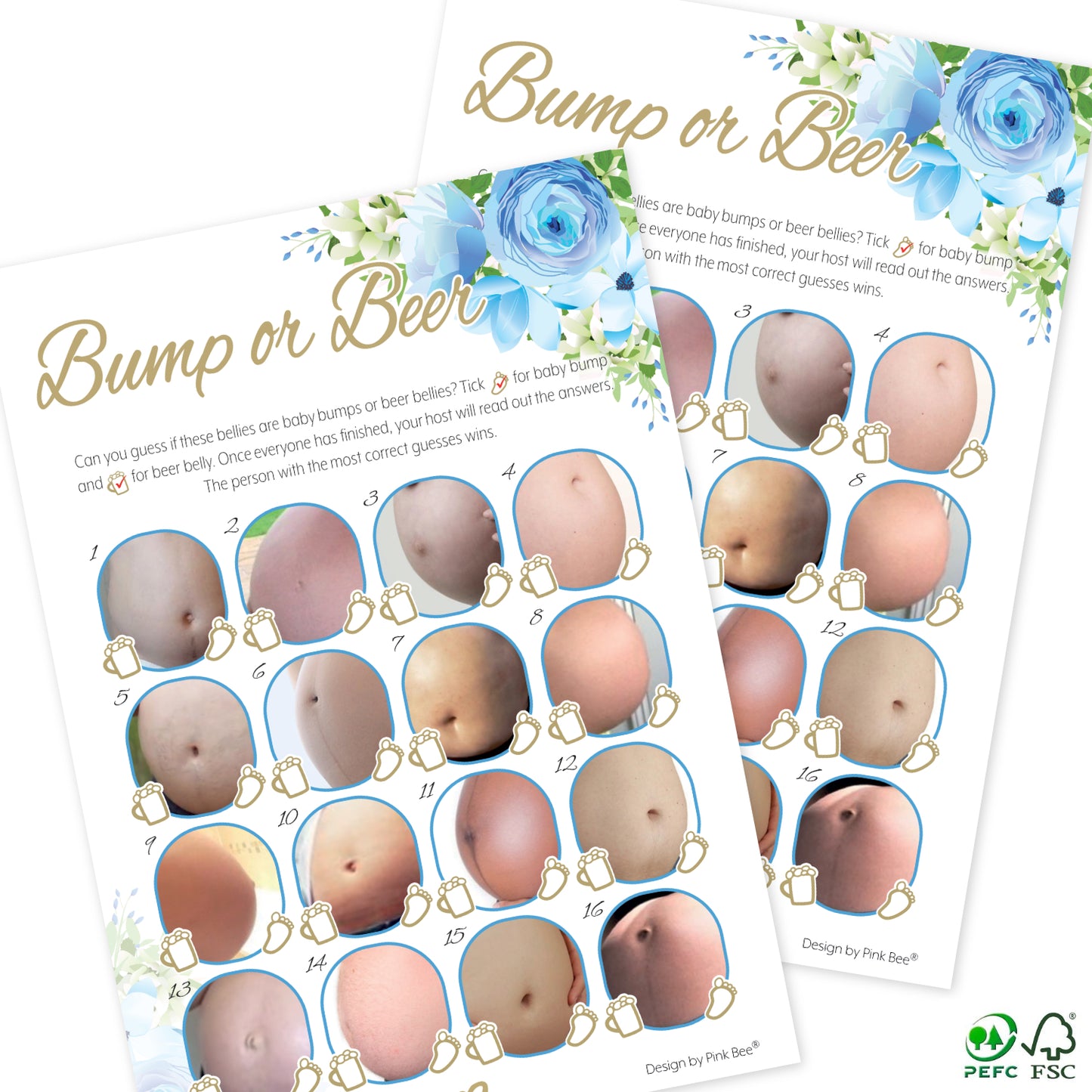 Blue Floral Baby Shower Bump or Beer Party Game