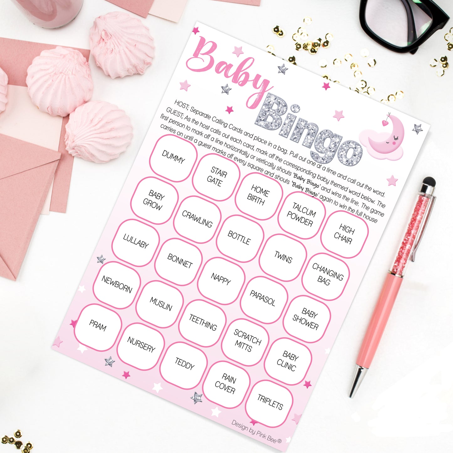 Pink Moon and Stars Baby Bingo Game