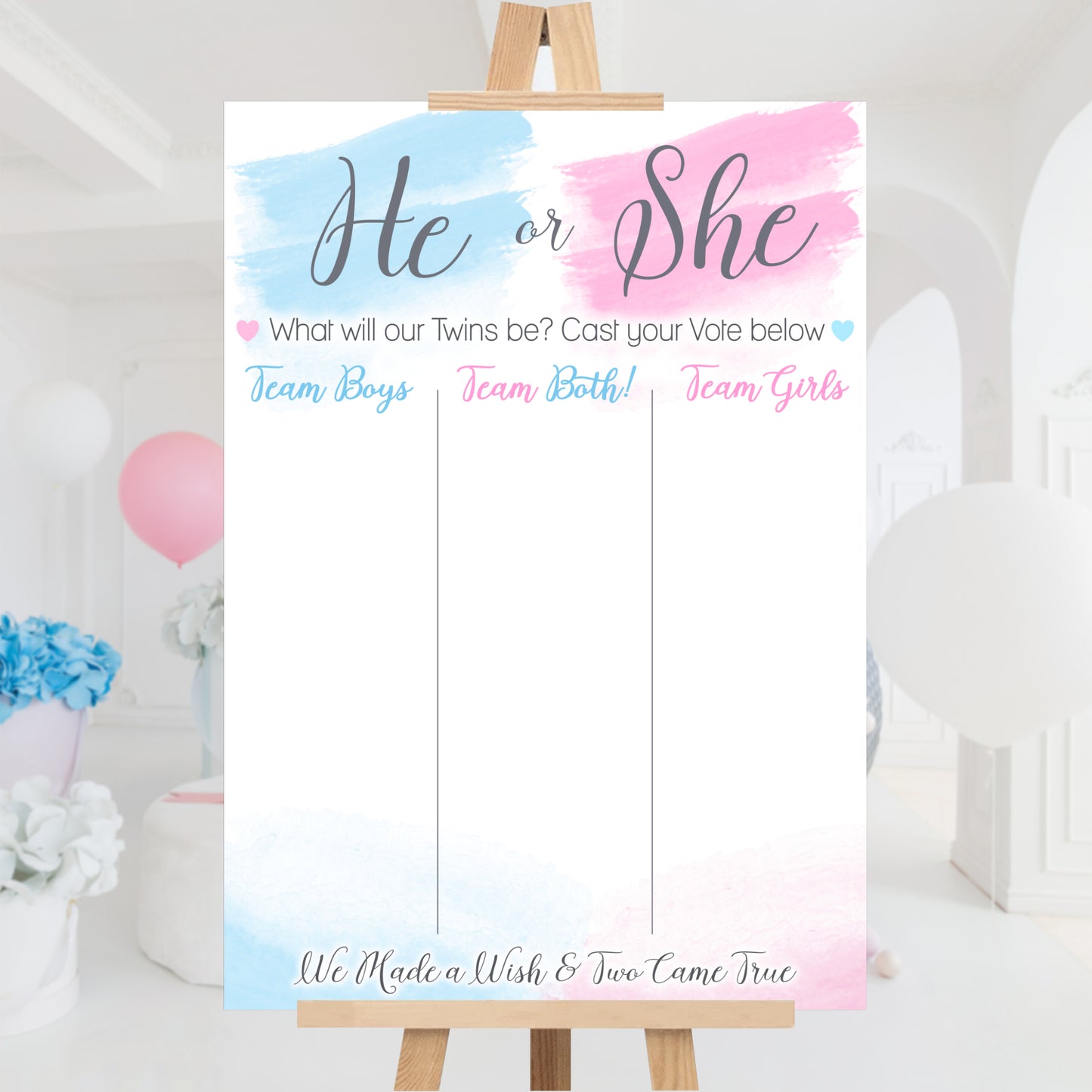 Twins Gender Reveal Voting Sign Watercolour Themed Guessing Game