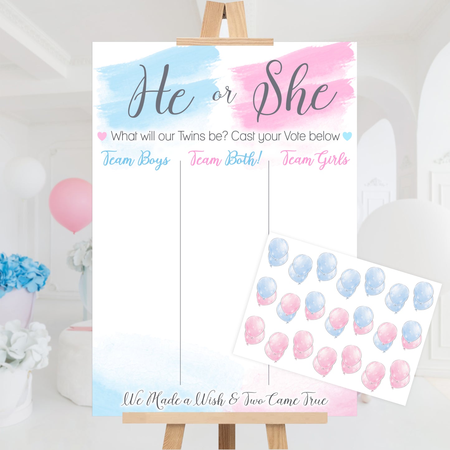 Twins Gender Reveal Voting Sign Watercolour Themed Guessing Game