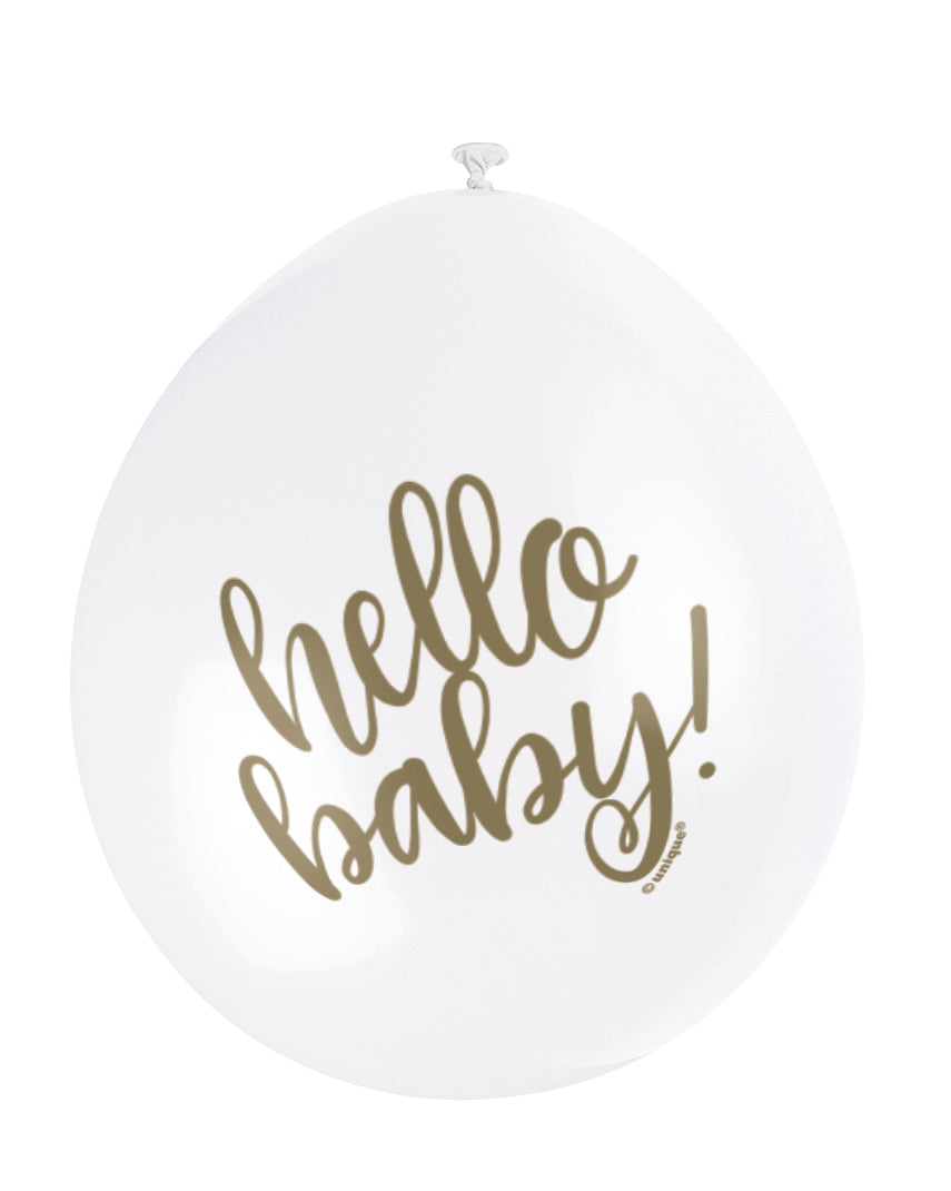Hello Baby! Baby Shower Hanging Balloons White and Gold