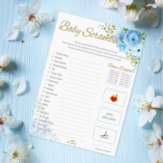 Blue Floral Baby Shower Scramble Game
