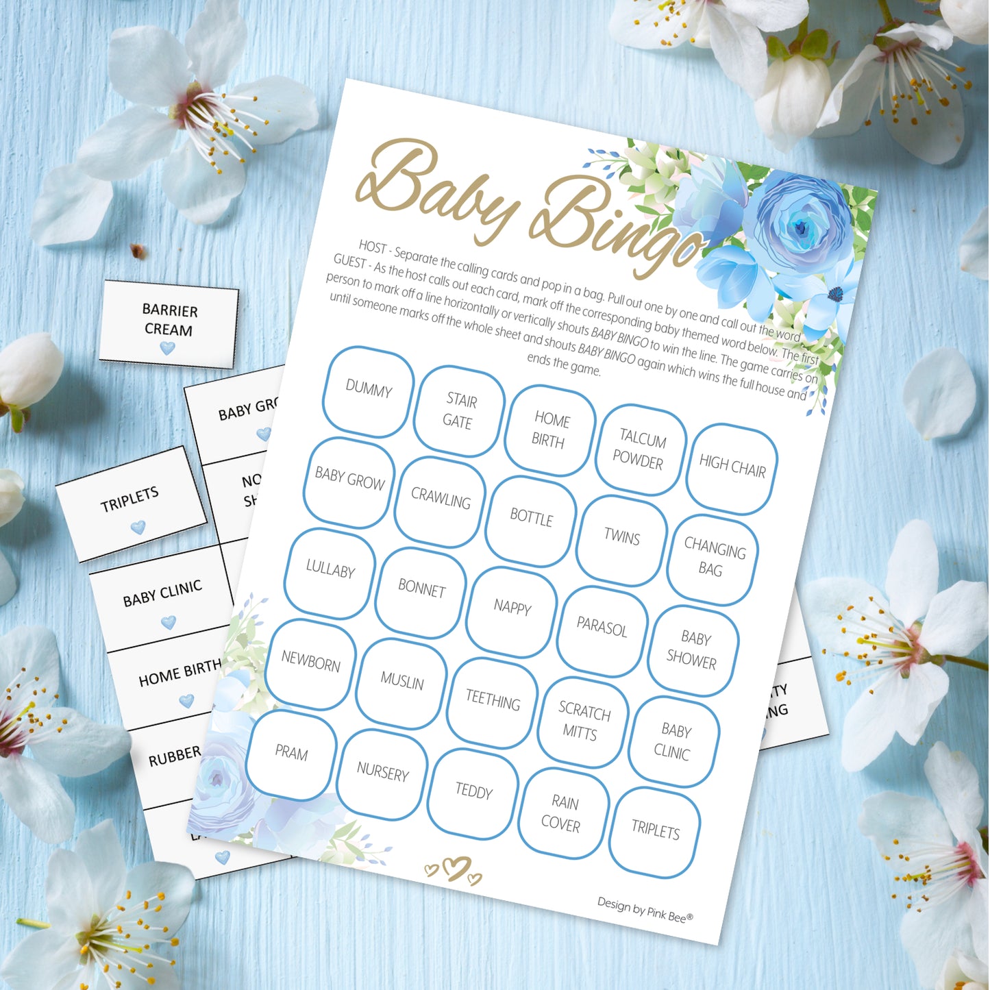 Blue Floral Baby Shower Bingo Game
