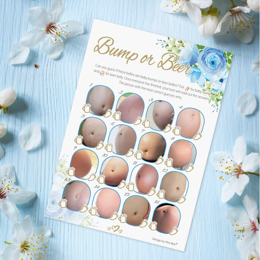 A single baby shower game sheet on a blue table with white flowers