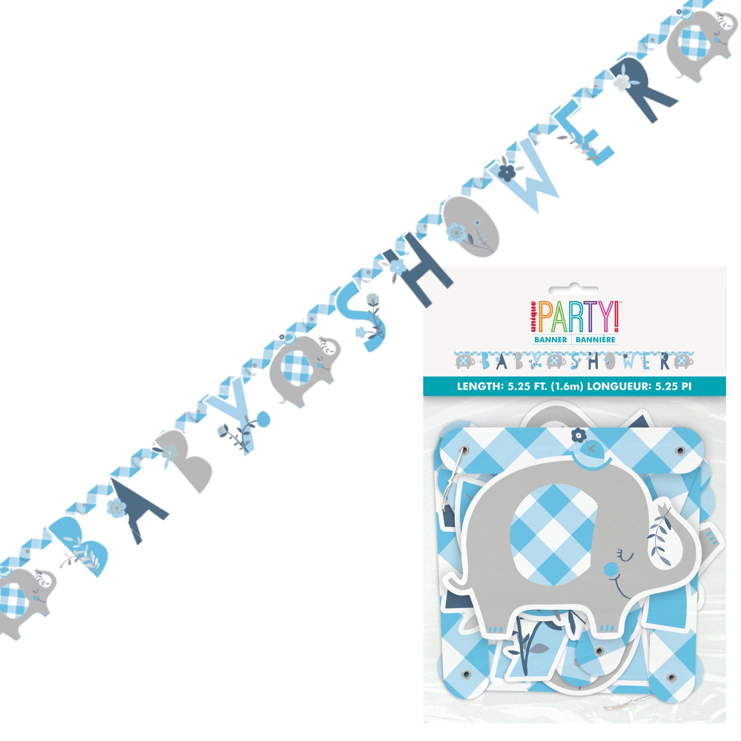 Blue Floral Elephant Baby Shower Jointed Banner