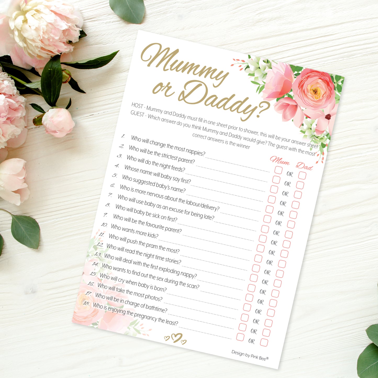Pink Floral Mummy or Daddy Party Game