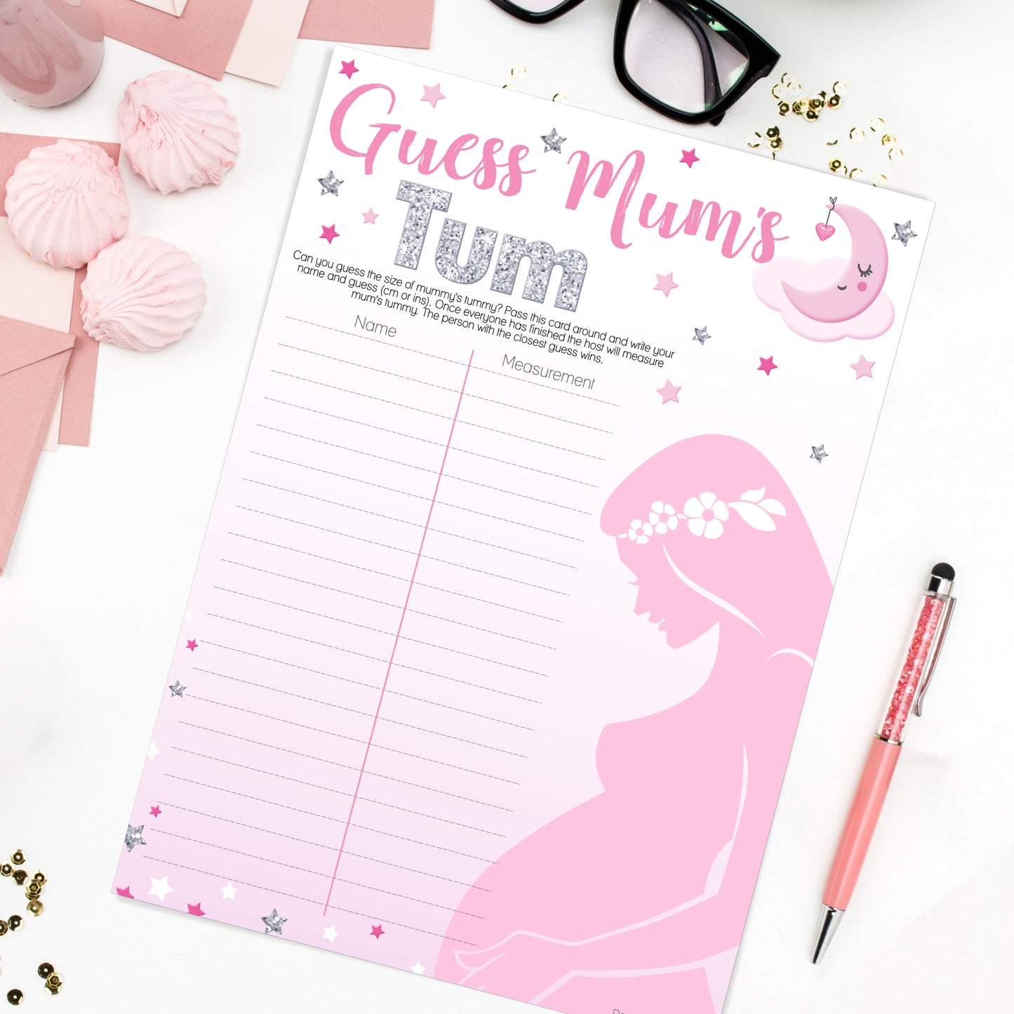 Pink Moon and Stars Guess Mums Tum Party Game