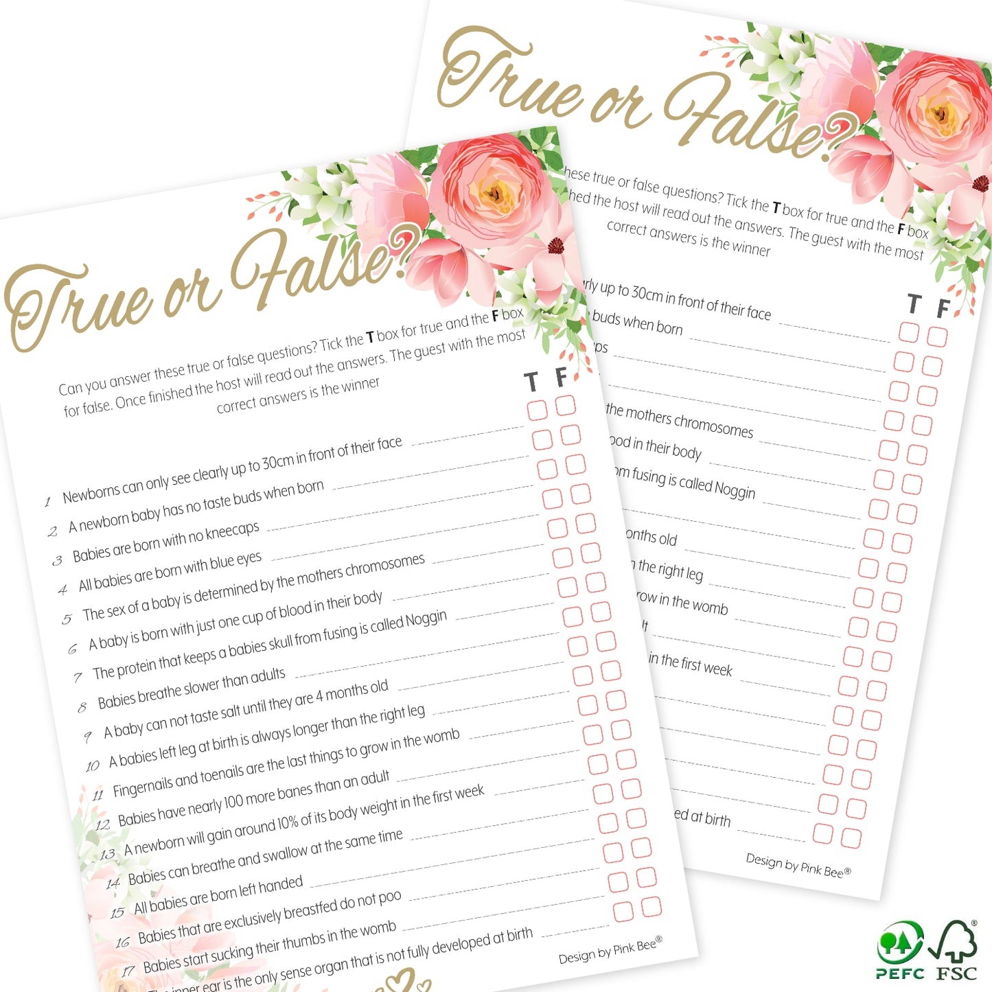 Pink Floral True or False Party Game