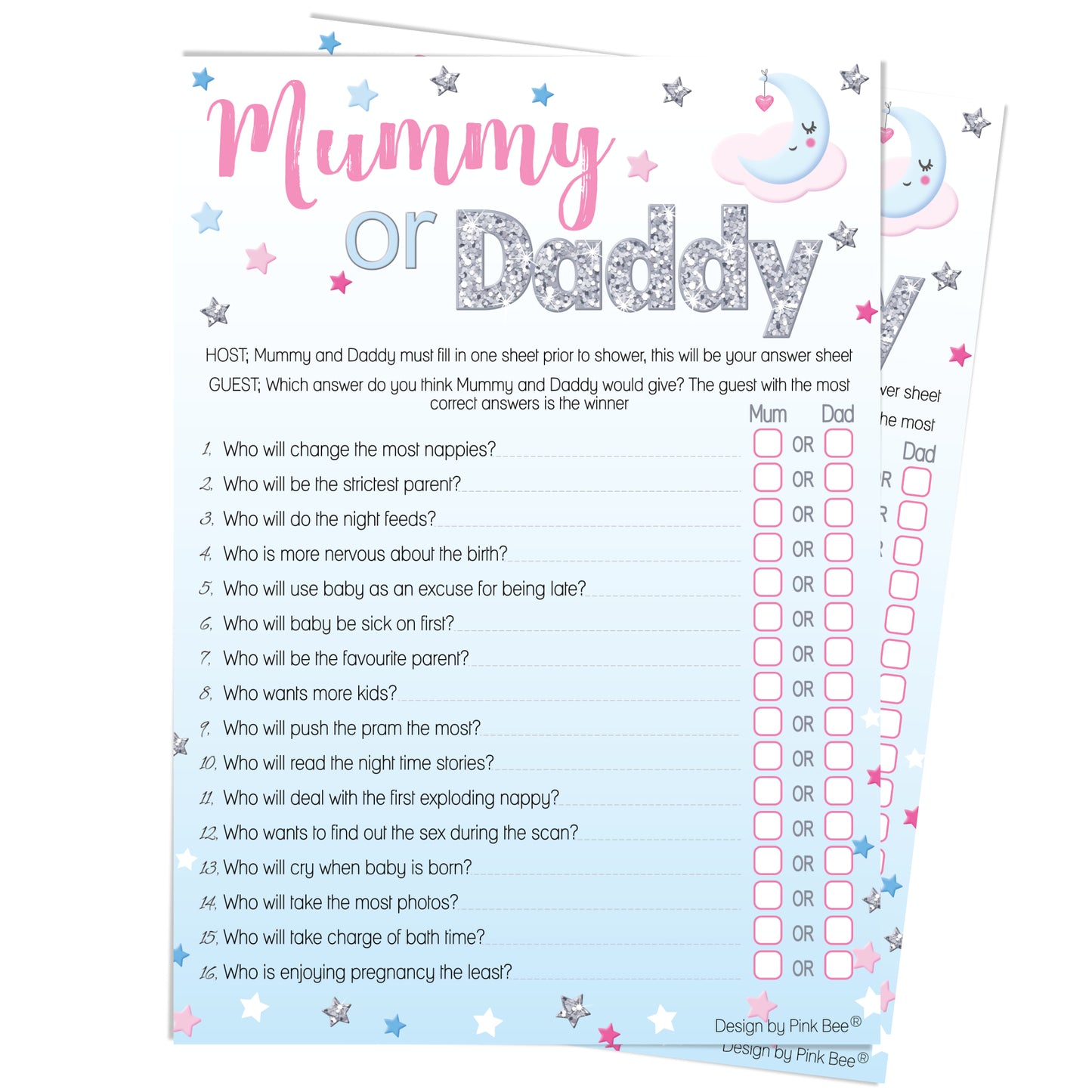 Unisex Moon and Stars Mummy or Daddy Party Game