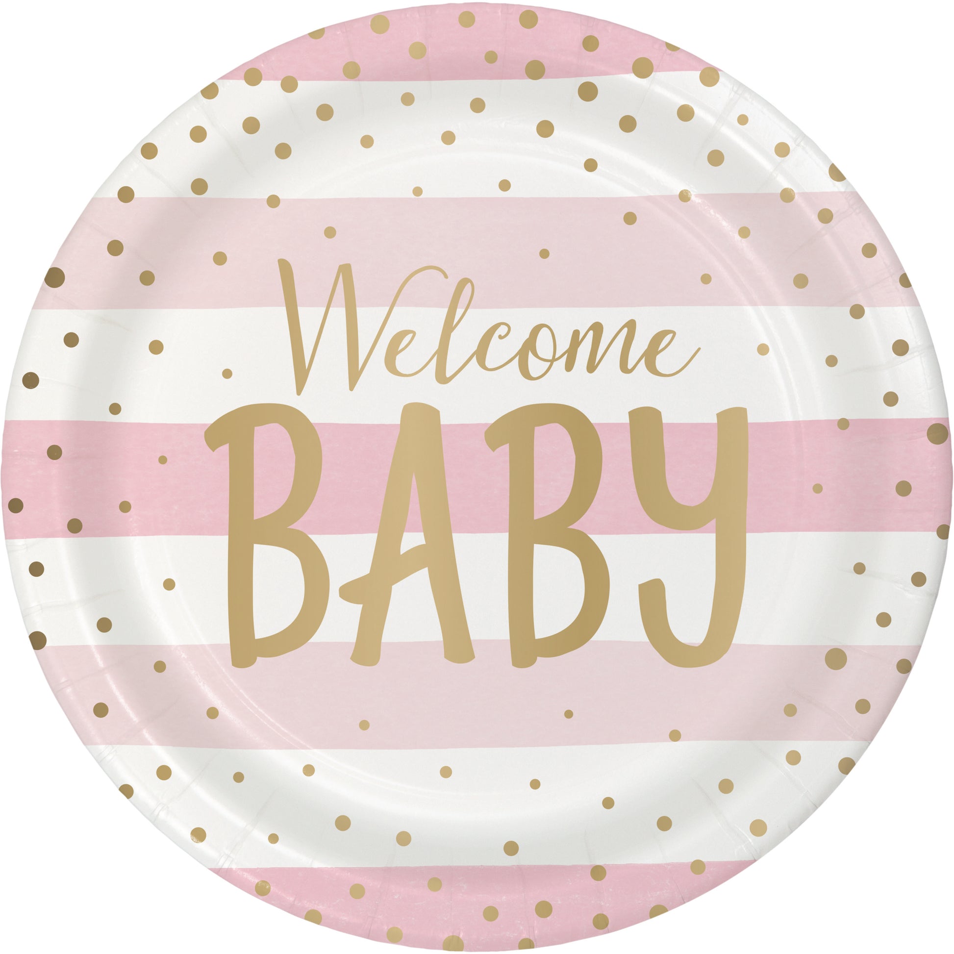 baby shower plate with pink and white stripes, welcome baby written in gold with gold polka dots